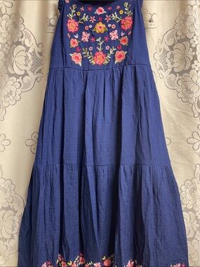 Andree Navy Floral Embroidered Tiered Sun Dress Size Medium